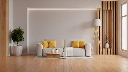 Modern interior living room features an sofa and decorative accessories against a white-colored...