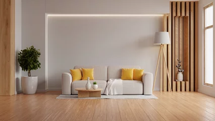 Fotobehang Scandinavisch Modern interior living room features an sofa and decorative accessories against a white-colored wall- 3D rendering  © Vanitjan