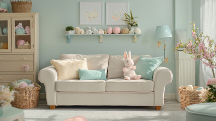 cozy living room decorated for Easter, featuring soft sofa, pastel colors, and festive decor that creates cheerful atmosphere