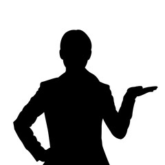 female businesswoman holding her waist and raising one hand