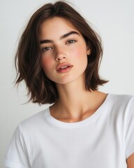 Fototapeta premium Modern Minimalist White T-shirt Mock-up on Professional Female Model with Studio Lighting and Clean Background