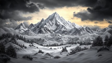 Obraz premium Majestic snow-capped mountain range under a dramatic sky