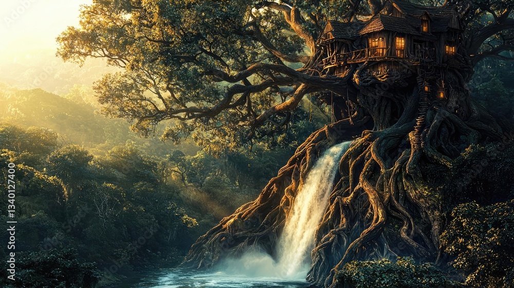 Poster treehouse in the woods landscapes idea. a serene treehouse surrounded by a lush forest and cascading