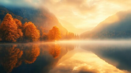 Mystical Autumn Lake Reflection with Vibrant Fall Foliage and Morning Mist Creating Dreamlike Mirror Effect in Nature Photography