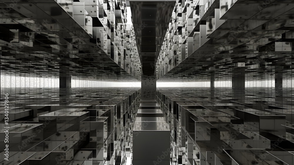 Poster extensive long room filled with mirrors reflecting light and creating a captivating illusion of infi