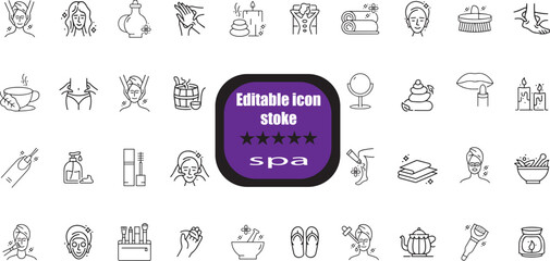 outline icons related to spa. Linear icon collection. Editable stroke