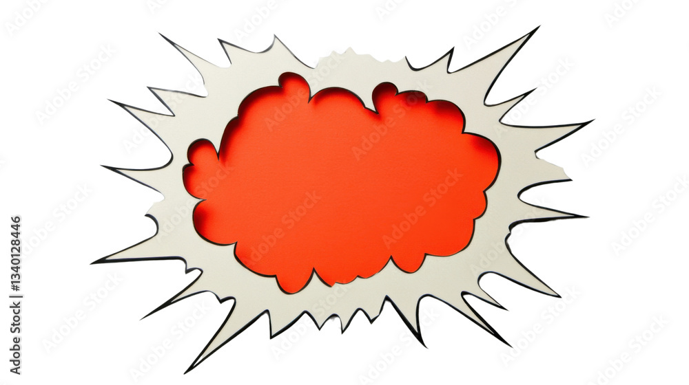 Poster red and white cartoon speech bubble exploding on transparent background