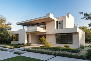 Minimalist modern homes with a neutral palette, flat facades, and simple, low-maintenance landscaping