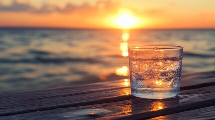 Glass of ice water on wooden table by the sea at sunset, relaxing summer vibe