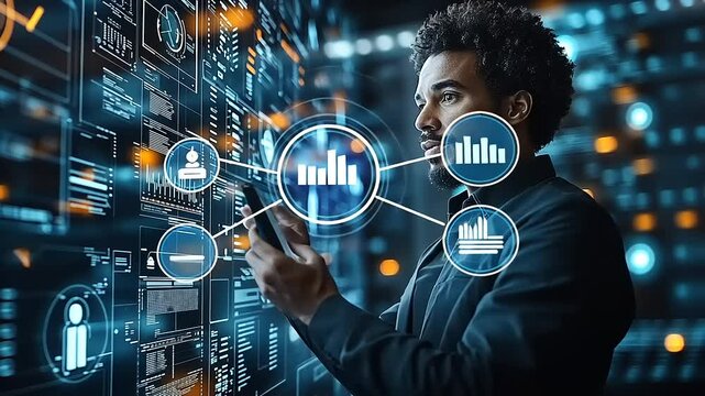 Professional man analyzing data on a smartphone in a futuristic digital environment with graphs