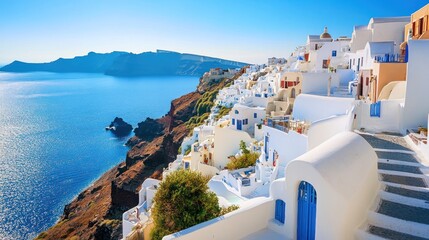 Obraz premium Charming Santorini: White Buildings Cascading Down Cliffs above the Aegean Sea