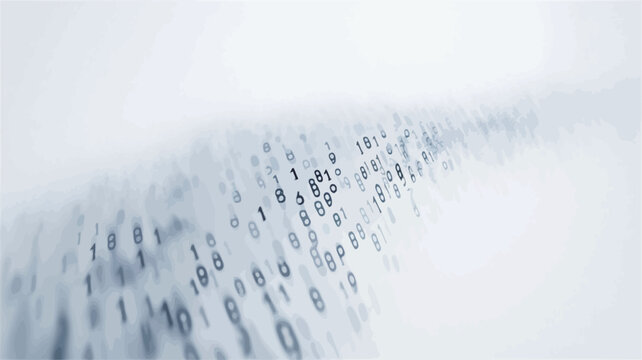 The image is a digitally created abstract representation of data flow.  It depicts a stream of binary code (0s and 1s) in varying shades of gray, appearing to move in a wave-like pattern across a