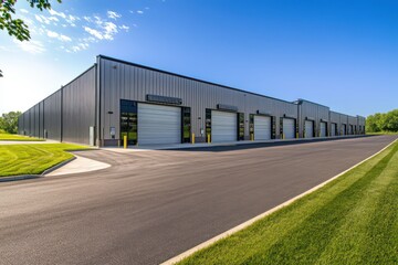 Obraz premium Modern distribution center with clean metal paneling, large loading bays, and a smooth asphalt driveway
