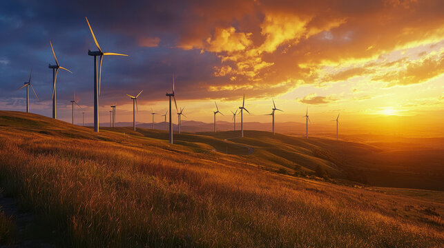 breathtaking sunset view of wind farm on rolling hills, showcasing renewable energy and nature beauty
