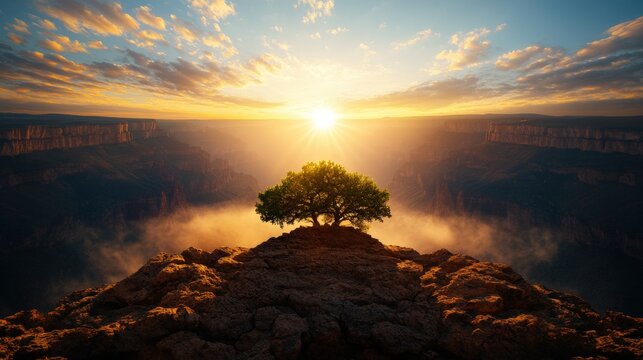 Lonely tree standing resiliently on a rocky cliff with stunning views of the canyon and sky in the background - Powered by Adobe
