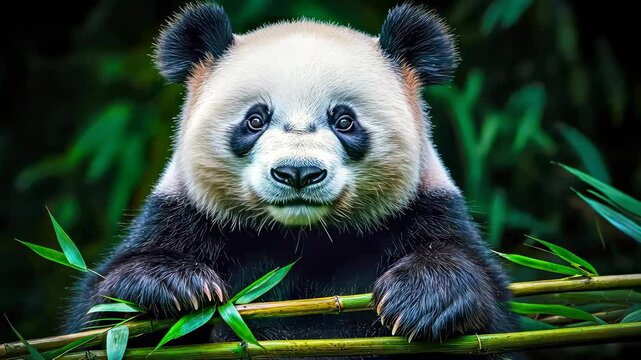 Gentle giant: a panda enjoying bamboo amidst lush greenery