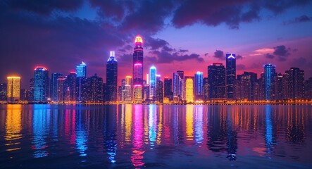 Fototapeta premium Urban Skyline Glowing with Vibrant Lights and Reflections on Water