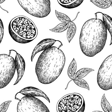 Seamless pattern with tropical fruits, passionfruit and mango. Hand-drawn ink illustration in retro engraving style. Detailed vector drawing.
