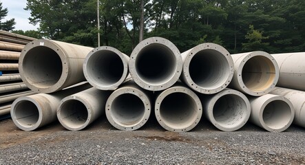 Various Sized Concrete Pipes Stored Outdoors on Gravel Lot