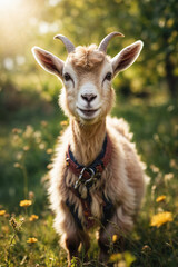 A goat kid on a farm, enjoying the sunny day, surrounded by lush fields, capturing the playful and lively spirit of farm life in a vibrant scene
