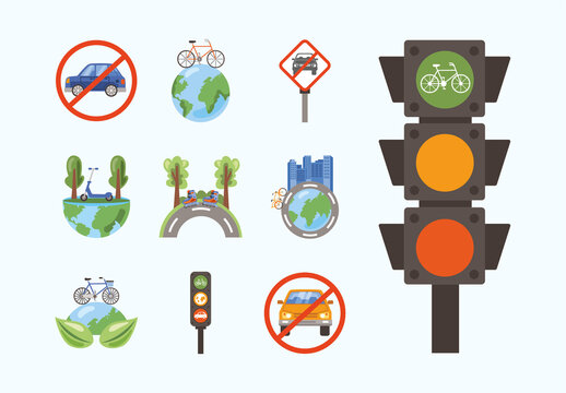 Blue Car Free Day Eco Friendly Transportation Icons Set
