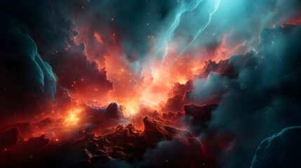 Obraz premium Beautiful nebula with striking bright red and blue colors merging together in a cosmic dance creating a stunning celestial view.
