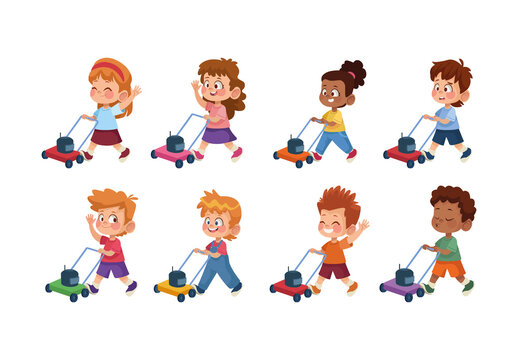 Colorful Boy Mowing Lawn Outdoor Illustration Set