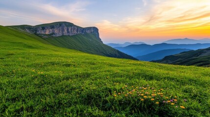 Obraz premium Mountain range landscapes idea. Stunning sunrise over lush green hills and majestic mountains in the background.