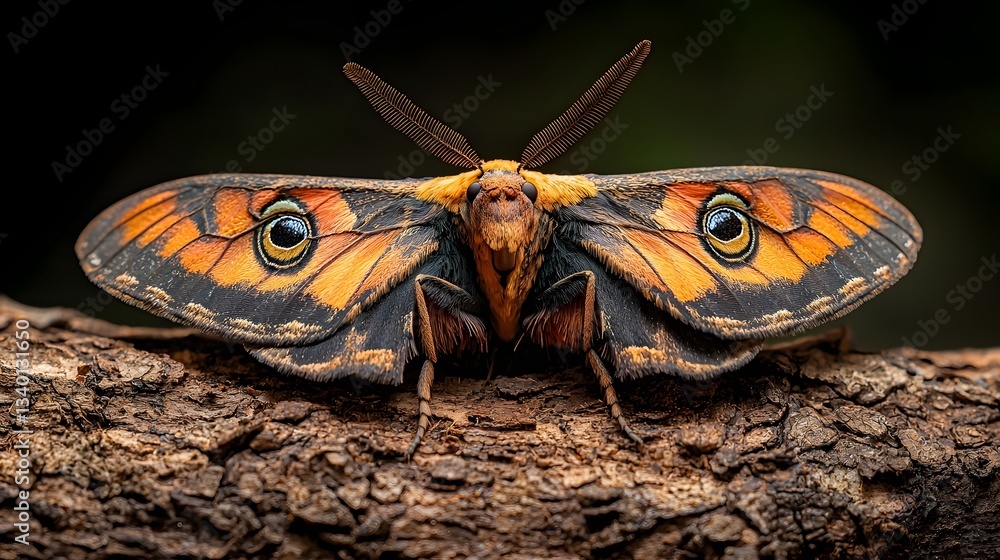 Poster captivating image of a giant atlas moth resting on tree bark its massive wings blending seamlessly i