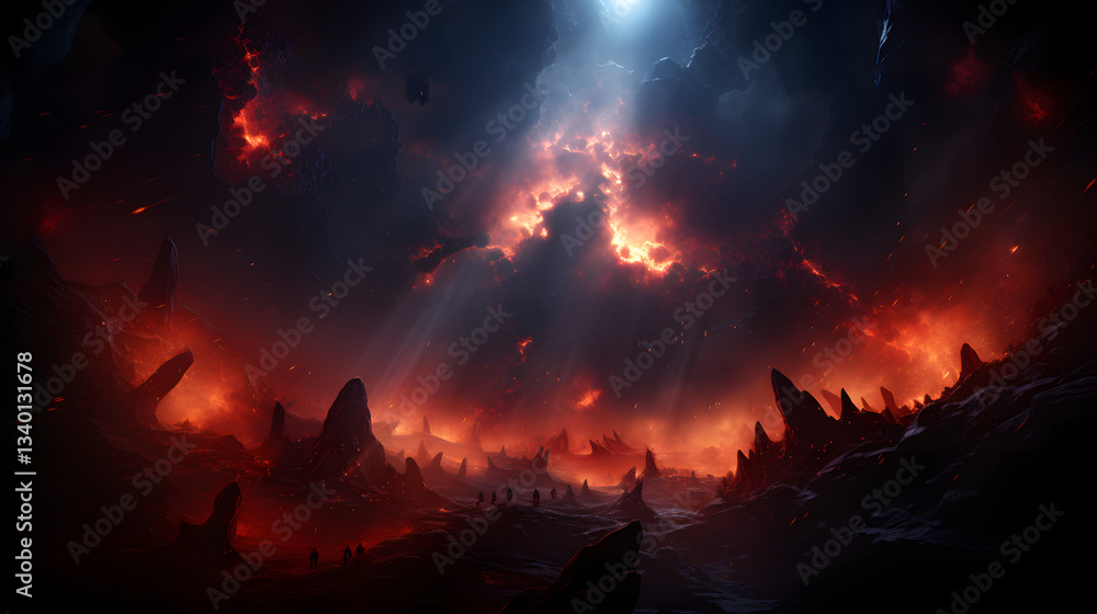 Poster mysterious dark cave with a bright light emanating from within creating a striking contrast against 