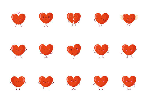 Red Hearts Kawaii Emotion Cartoon Illustration Set