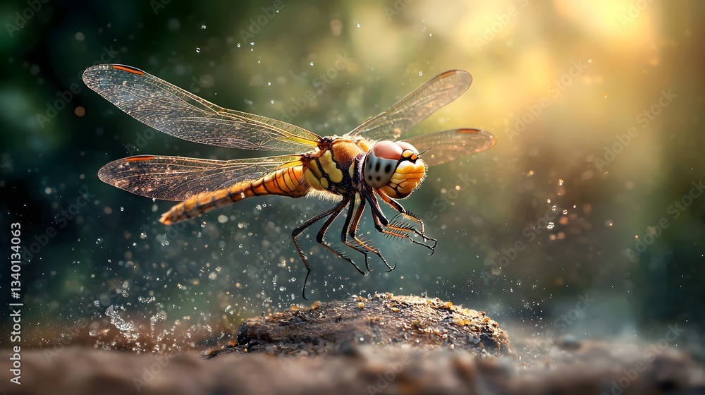 Poster a dragonfly gracefully hovering above the still surface of a tranquil pond its delicate wings beatin