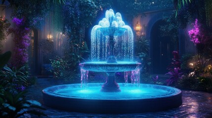 Mystical fountain in a lush garden at night