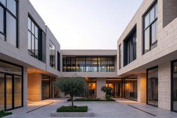 Office complex with alternating stone and glass finishes, symmetrical design, and a minimalist courtyard