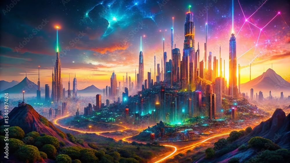 Poster futuristic ai landscape: deep learning algorithm rise towards technological singularity