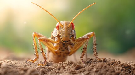 Fototapeta premium Desert locust insect perched on a dry cracked earth surface its powerful legs ready to leap into action The image has a clean minimalist style with copy space for text overlay