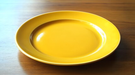 Simple yellow plate resting on a wooden surface beautifully lit