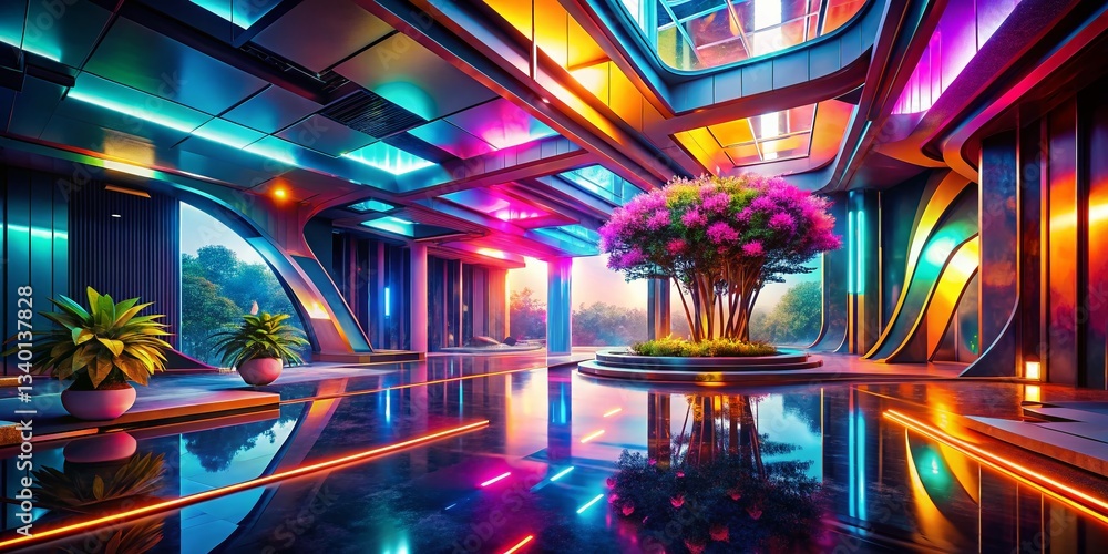 Poster futuristic architecture: abstract 3d render with bloom light and empty concrete floor