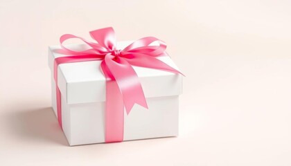 Elegant white gift box with a delicate pink ribbon, pastel background, surprise, gentle
