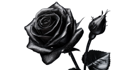 A black rose with a white background