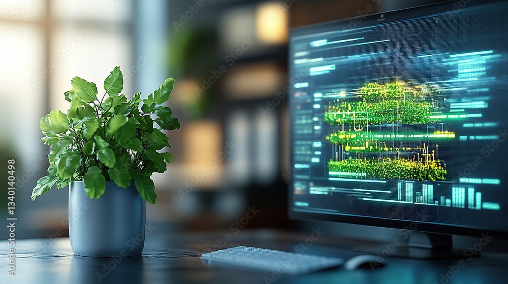 Poster modern workspace with plant and computer screen displaying data visualization