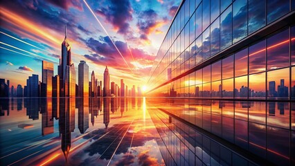 Fototapeta premium Futuristic Cityscape Sunset Reflections: Abstract Data Stream Art