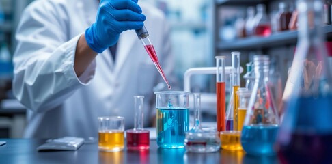 Fototapeta premium Scientist is Conducting Experiment Using Ppipette in Laboratory.