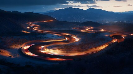 Illuminated racetrack winds through a mountainous desert landscape at twilight