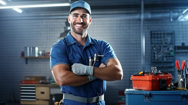 Smiling Male Mechanic in Blue Uniform Standing Proudly in Workshop with Tools and Equipment Around Him