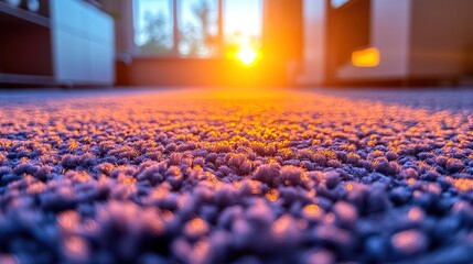 Fototapeta premium Sunset through room window, highlighting plush carpet