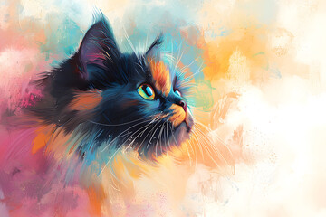 Calico cat portrait with intense eyes looking upwards painted with colorful expressive brushstrokes and light.