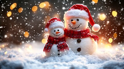Two snowmen in Santa hats embracing in snowy scene with bokeh lights.
