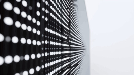 The image presents a close-up, perspective view of a grid composed of numerous small, circular lights. The lights appear bright white against a dark background, creating a strong contrast. The