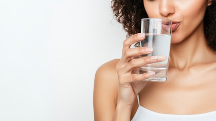 Person drinking water from a clear glass with a serene and simple composition